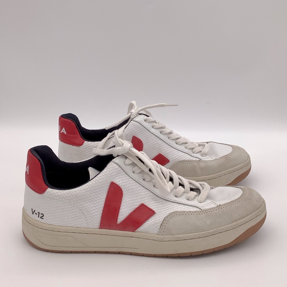Veja V-12 White Red Leather-Accent Sneakers